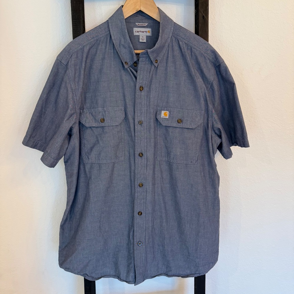 Carhartt‎ Mens Short Sleeve Chambray Button Down Shirt Blue XL 100% cotton